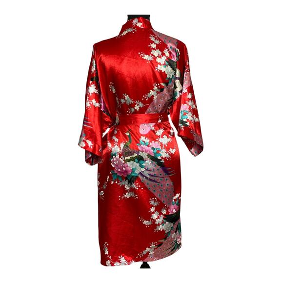 Red Satin Floral Peacock Kimono Robe 37” Long OS Belted Lightweight - Picture 2 of 7
